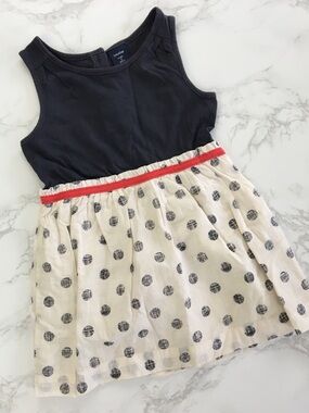 Baby GAP 2 Year Summer Tank Dress Navy & Cream Polka Dots and Red Trim